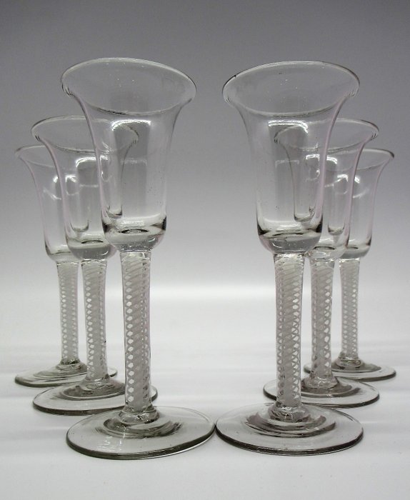 Preview of the first image of Rare set of Opaque Twist Wine Glasses c1760 (6) - Georgian - lead glass.