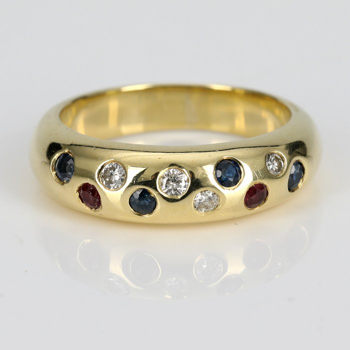 Preview of the first image of Handarbeit - 14 kt. Yellow gold - Ring - 0.12 ct Diamond - Rubies, Sapphires.