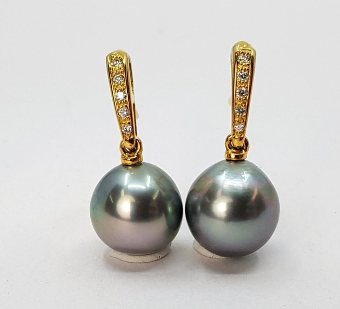 Preview of the first image of 10x11mm Peacock Tahitian Pearl Drops - 14 kt. Yellow gold - Earrings - 0.08 ct.