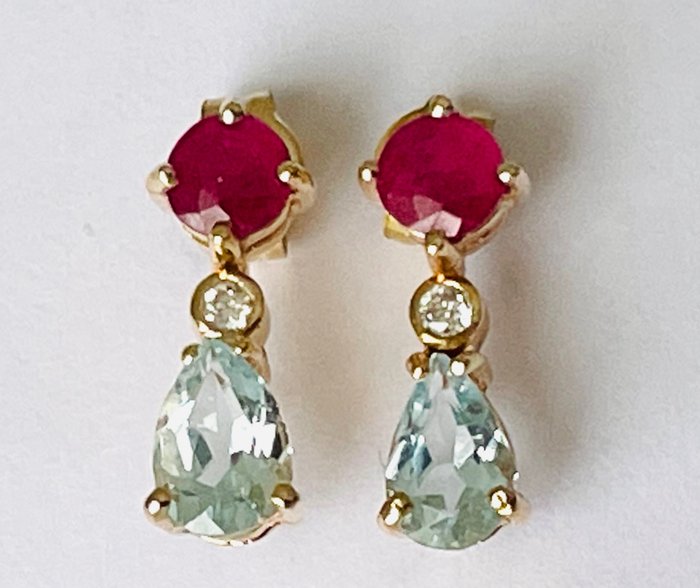 Image 3 of 14 kt. Yellow gold - Earrings - 0.60 ct Ruby - diamonds and aquamarines