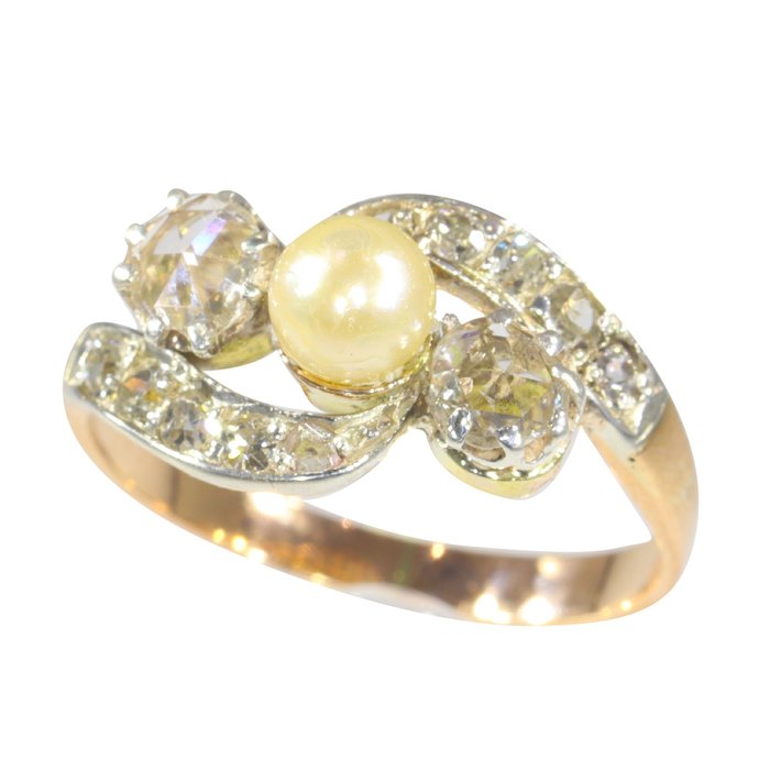 Preview of the first image of 18 kt. Pink gold - Ring - 0.28 ct Diamond - Pearl, Vintage antique anno 1890, Free Resizing*.