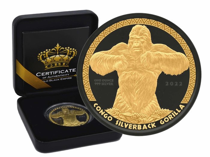 Kongo. 500 Francs 2022 Gorilla - Black Empire Edition - Black Ruthenium + Selective Gold Finish, 1 Oz (.999)  (Ohne Mindestpreis)