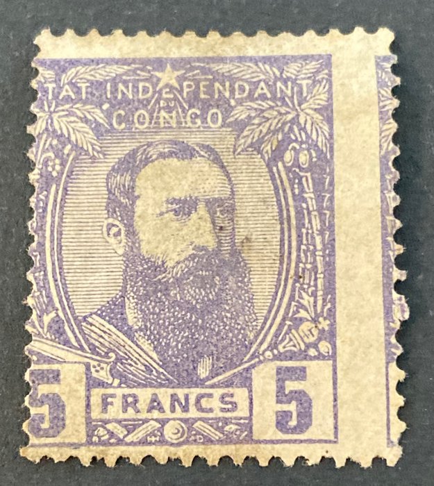 Preview of the first image of Independent State of the Congo 1887 - Leopold II looking three-quarters to the right: 5F Violet - m.