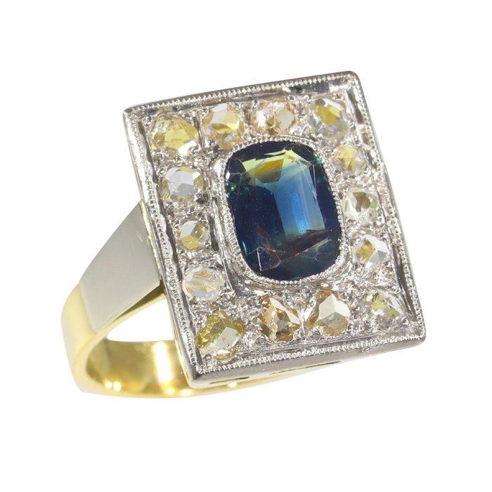 Preview of the first image of 18 kt. Yellow gold - Ring - 1.60 ct Sapphire - Diamonds, Vintage 1940's Forties, Free Resizing*.