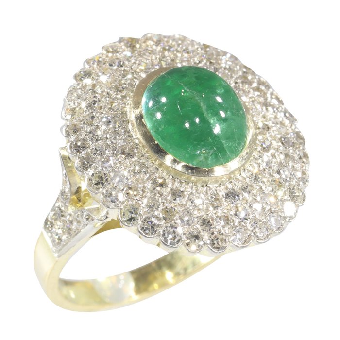 Preview of the first image of 18 kt. Yellow gold - Ring - 3.50 ct Emerald - Diamonds, total diamond weight 2.00 crt, Vintage 1950.