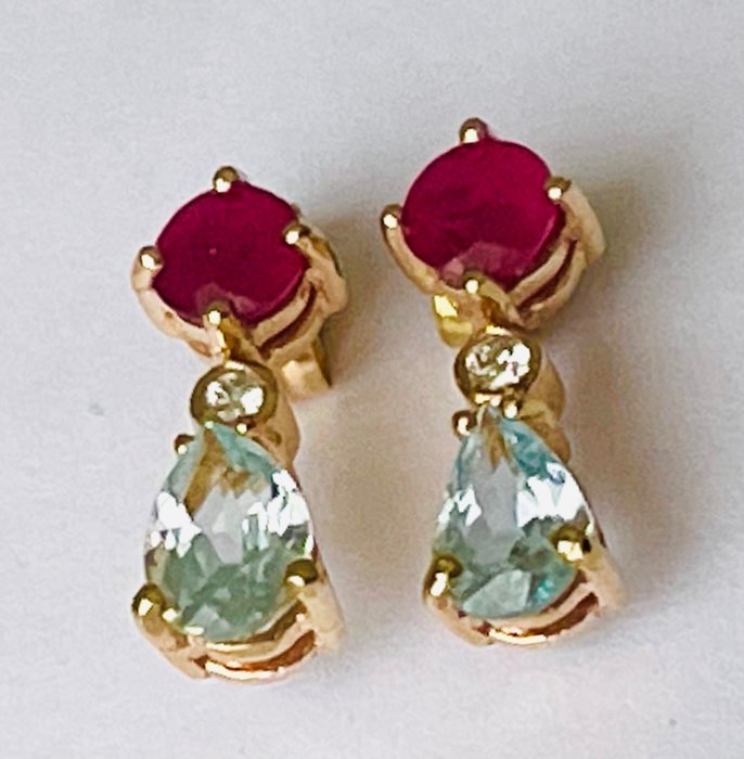 Image 2 of 14 kt. Yellow gold - Earrings - 0.60 ct Ruby - diamonds and aquamarines