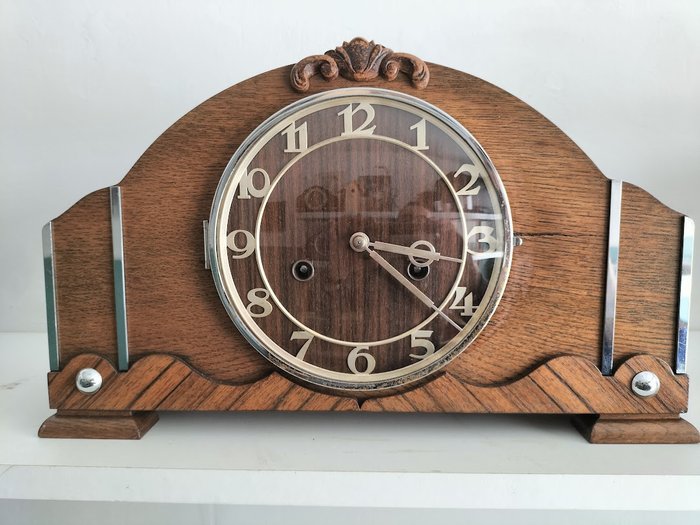 Orologio da caminetto Art Déco Amsterdam School o orologio da camino - Legno, calamandra, Legno, rovere, Ottone, cromo - Inizio XX secolo