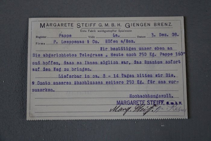 Steiff: handtekening Margarethe Steiff voor order teddyberen materiaal - Nallebjörn - 1900-1910 - Tyskland