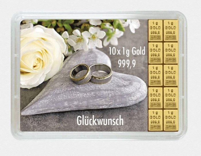 10 grams - Gold - Valcambi, Stein+Ringe/Hochzeit" (Flipmotiv)
