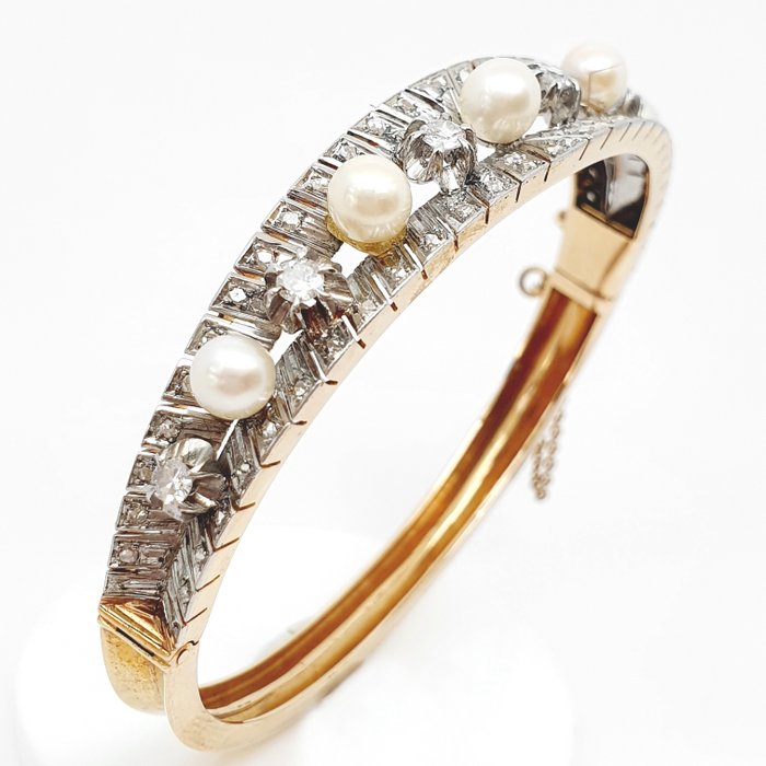 18 kt. White gold, Yellow gold - Bracelet - 0.60 ct Diamond - Akoya Pearl