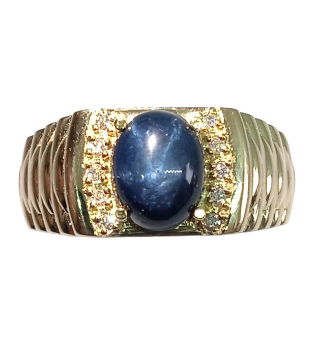 戒指 - 18 克拉 黃金 星藍寶石 - 鉆石 