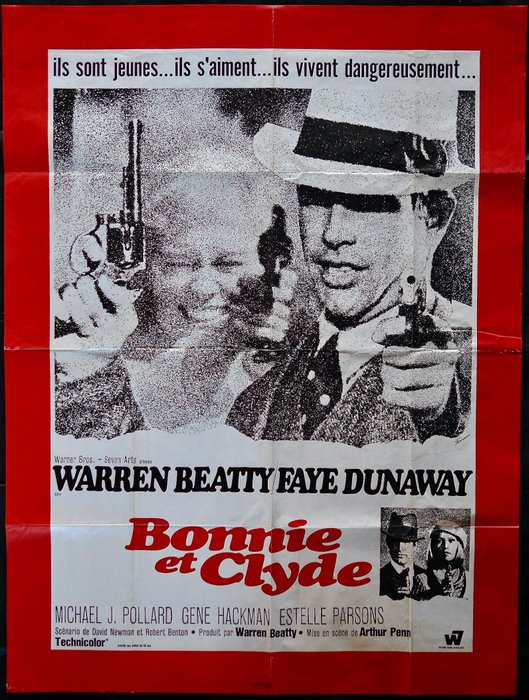 Bonnie And Clyde (1967) - Warren Beatty, Faye Dunaway - Plakat, Original French cinema release - 120x160 cm