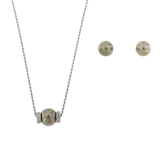 18 kt Weißgold - Halskette mit Anhänger, Ohrringe, Service Tahiti-Perle - Diamanten
