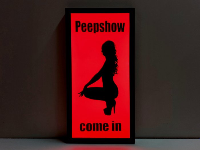 Mainoskyltti - Amsterdamin punaisten lyhtyjen alue, Peepshow on valaistu mainoskyltti - Muovi, Teräs