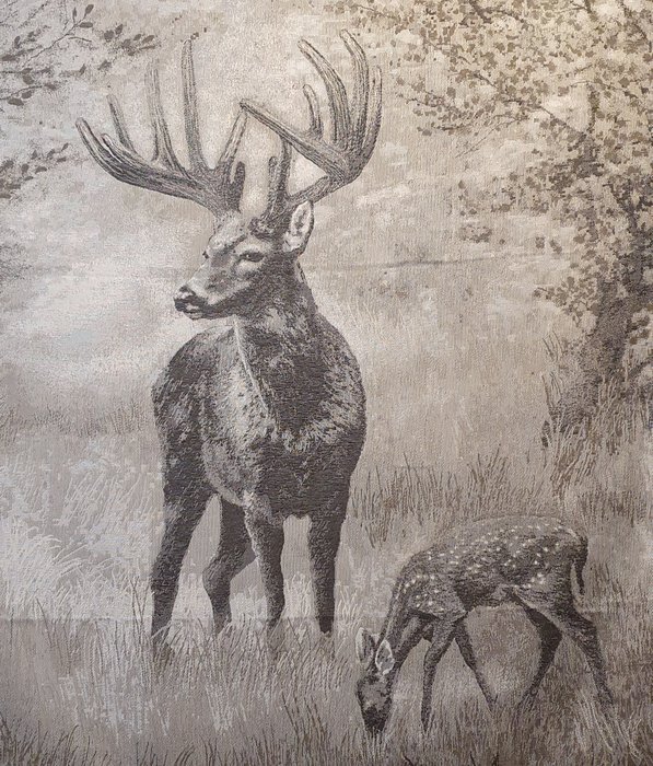 Seltener Jacquardstoff aus Alpakawolle – 185 x 140 cm – Hirsch mit Baby im Wald - Stoff - 140 cm - 0.02 cm