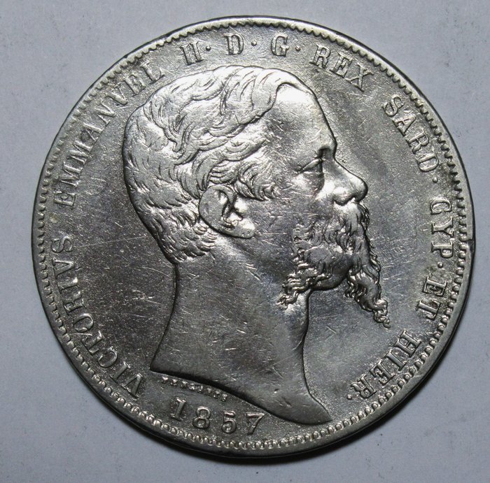 Italie, Royaume de Sardaigne. Victor-Emmanuel II de Savoie (1861-1878). 5 Lire 1857 - Genova