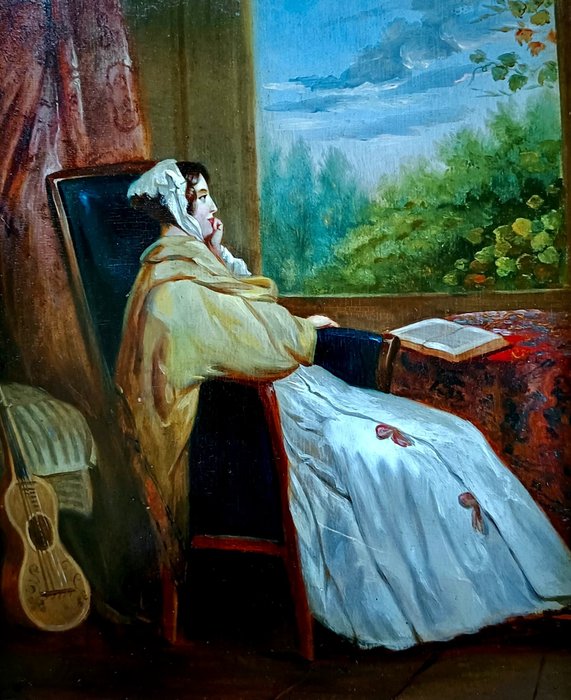 Charles Jean Robineau (1745-1787), Omgeving van - Interieur elegante dame op een stoel die uitkijkt naar buiten