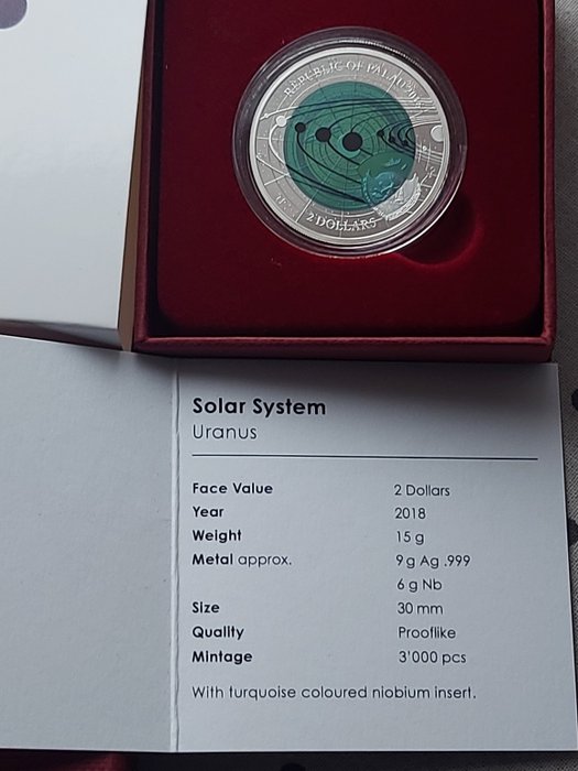 帕劳(美). 2 Dollars 2018 Solar System - Uranus Niob, Proof  (没有保留价)