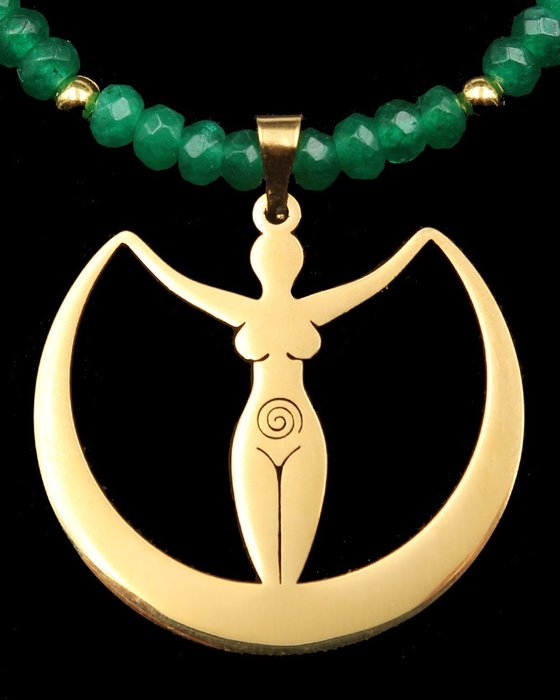 祖母绿 - Wicca 项链 - 阿耳忒弥斯 - 月亮女神 - 自然与魔法 - 14K GF 金扣 - 吊坠项链