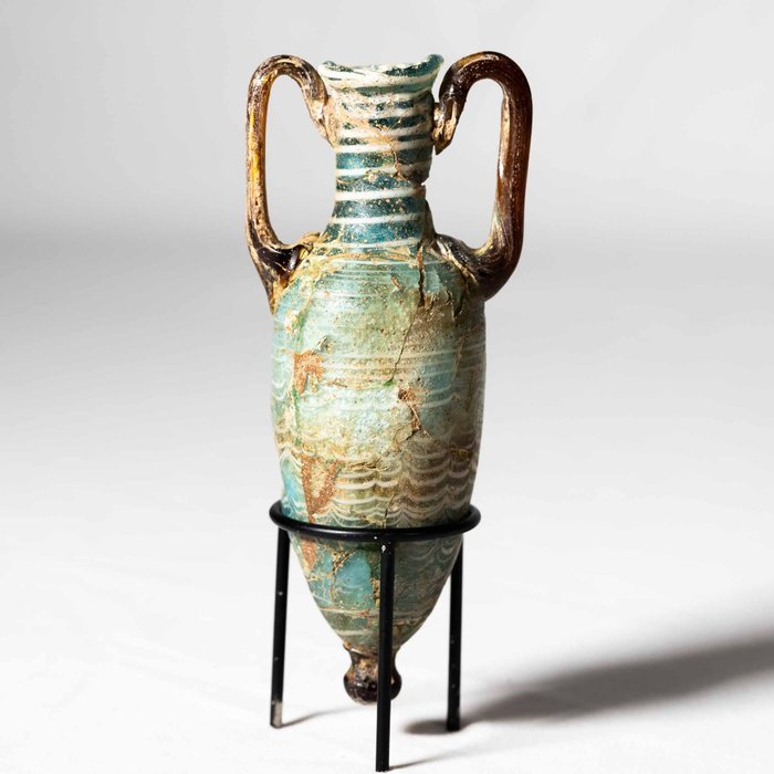 Ógörög díszes üveg amforiszkosz, 14,4 cm magas -spanyol exportengedély- Amphoriskos, Ex-Múzeum