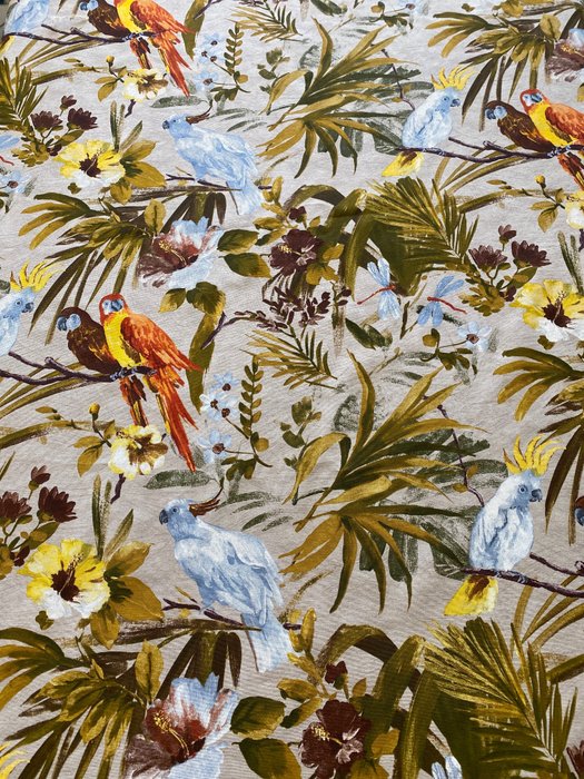 San Leucio - tropisk hør hamp stof med papegøjer - Tekstil - 600 cm - 145 cm