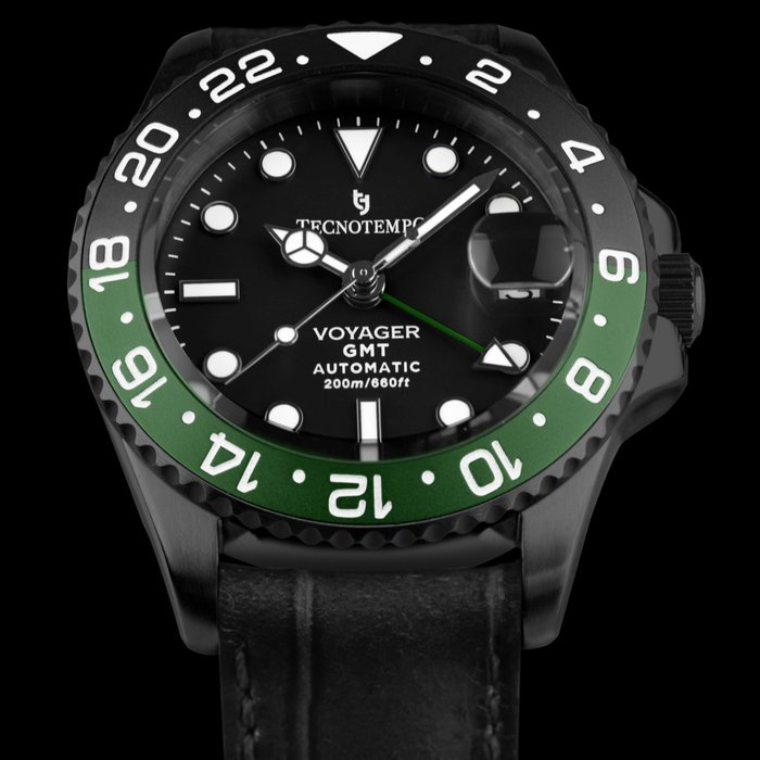 Tecnotempo® - Automatic GMT 200M "Voyager" - Limited Edition - - TT.200VY.PNNV (All black / leather strap) - 男士 - 2011至现在