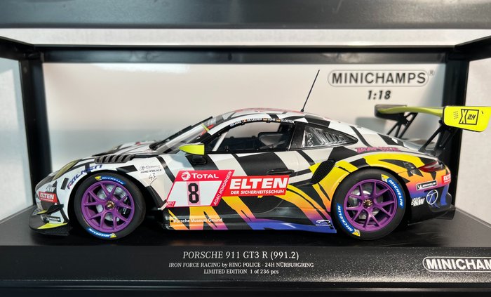 Minichamps 1:18 - Model samochodu wyścigowego - Porsche 911 GT3 R (991.2) - Edycja limitowana 1, tylko 236 sztuk - Iron Force Racing #8 - 24h Nürburgring