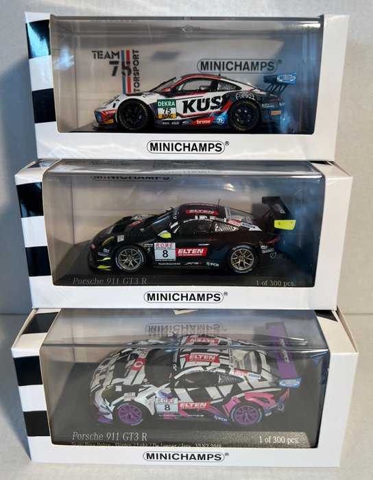 MiniChamps 1:43 - Model race car - 3 x Porsche 911 GT3 R - Limited Editions 1 of 300/333 pieces