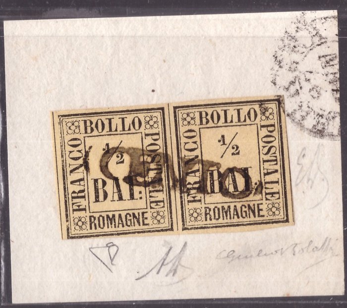 Italian Ancient States - Romagne 1859 - 1/2 baj yellow straw horizontal pair on fragment with linear cancellation by Cento - Sassone N. 1