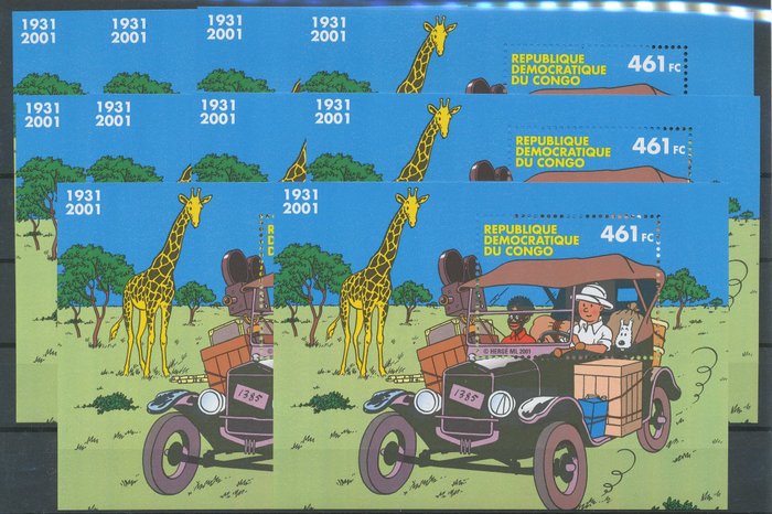 Kongos demokratiska rep 2001 - Tintin i Kongo - parti med 100 nya souvenirark ** - pris: €700 - COB BL205**