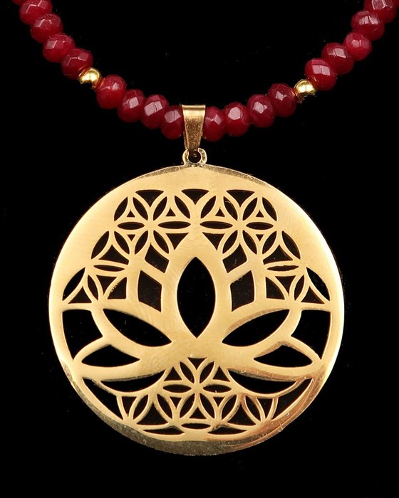 紅寶石 - 佛教項鍊 - 生命之花：蓮花 - 能量的強大象徵 - 14K GF 金扣 - 頸鏈
