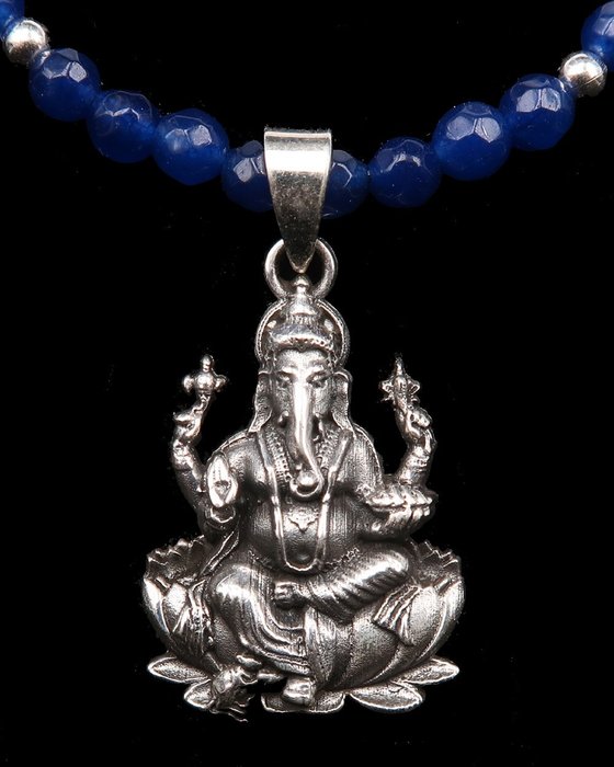 Zafiro - Plata, Collar - Dios Elefante Ganesh en plata maciza - Elimina obstáculos - Suerte y prosperidad - Collar