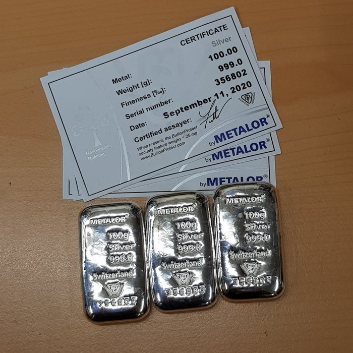 300克, (3 x 100 grs) - 銀 .999 - Metalor - 包括證書