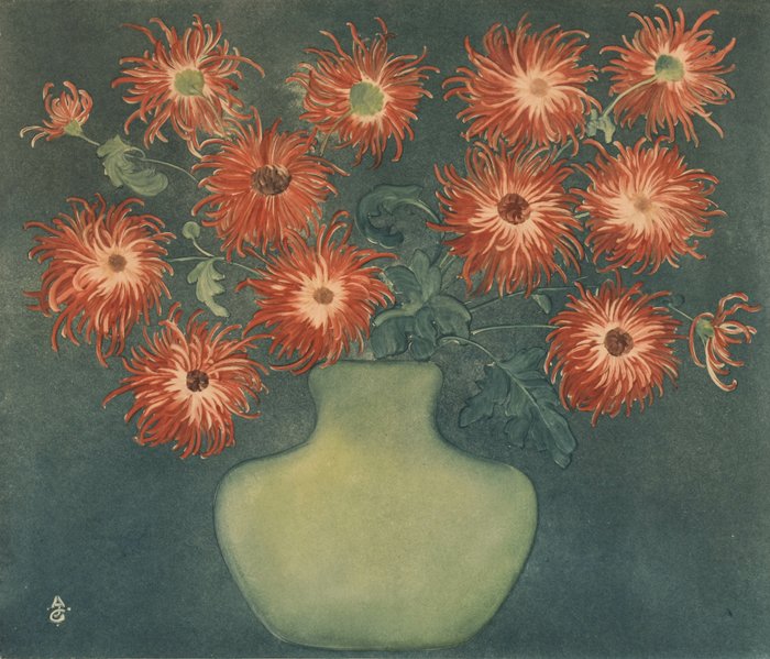 Adrianus Johannes Grootens (1864-1957) - Chrysanthèmes rouges dans un vase
