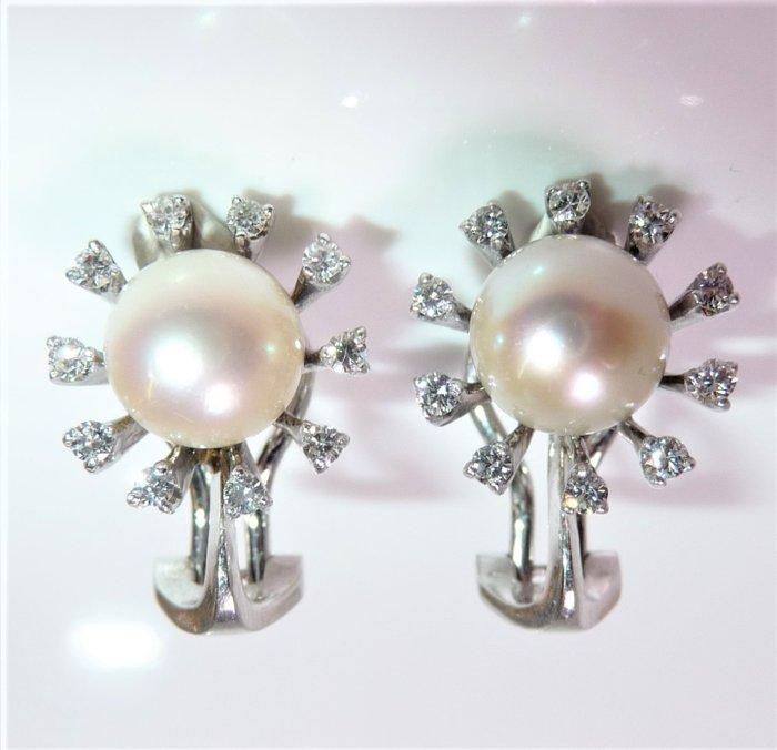 Ohrringe - 14 kt Weißgold Diamant  (Natürlich) - Perle 