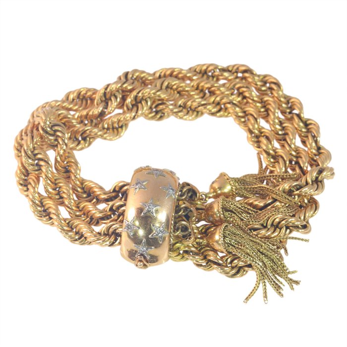 18 karaat Geel goud – Armband – 0.19 ct Diamant – Armband met drie kwastjes, Vintage jaren 50