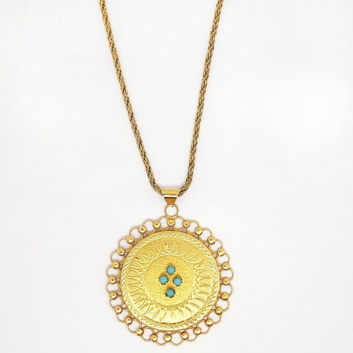 18 kt. Yellow gold - Necklace with pendant - 1.00 ct Turquoise