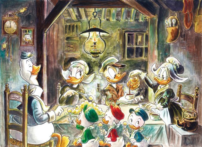 Tony Fernandez - Disney Duck Family Inspired By Vincent Van Gogh's "The Potato Eaters" (1885) - Hand Signed