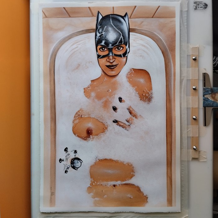 Danilo Angeletti - original colour drawing - Catwoman In the Bath - (2023)