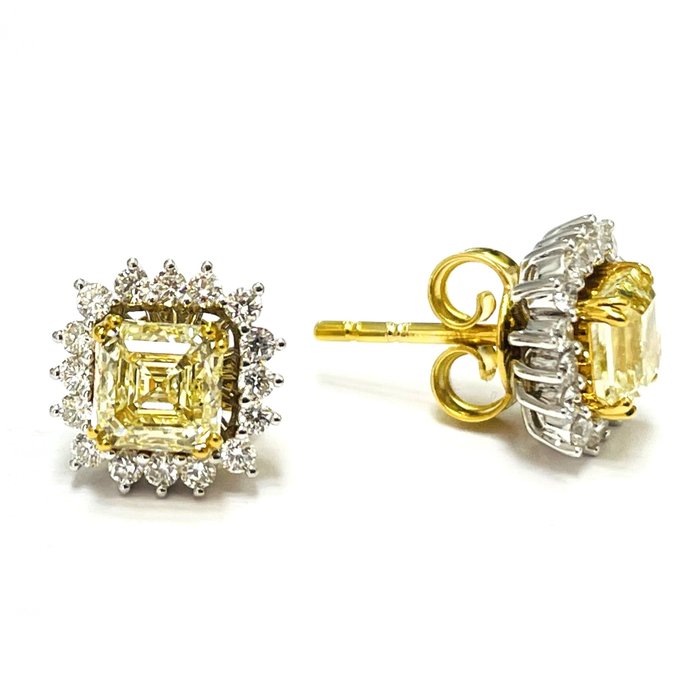 18 kt Gelbgold, Weißgold - Ohrringe - 1.80 ct Diamant - Diamanten, Natürliche, ausgefallene gelbe VVS1-Seitensteine, VS1-VS2 / D-F, AIG-zertifiziert