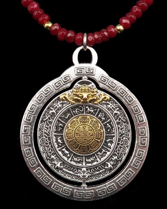Rubí - Collar - Espejo Tibetano Melong - Protección contra el mal y los demonios - Cierre de oro GF de 14 - Collar con colgante