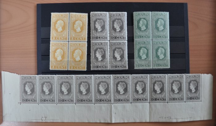Paesi Bassi 1913/1913 - NVPH 90, 91 en 93 in blokjes van vier en 93 in reeks van 10 zegels