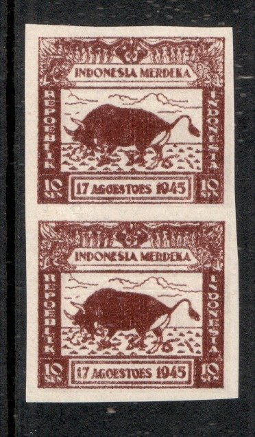 Indonesië 1946 – Interim Java 10 sen Stier, ongetande paar proef dubbelgedrukt voor en achterzijde – Zonnebloem 23