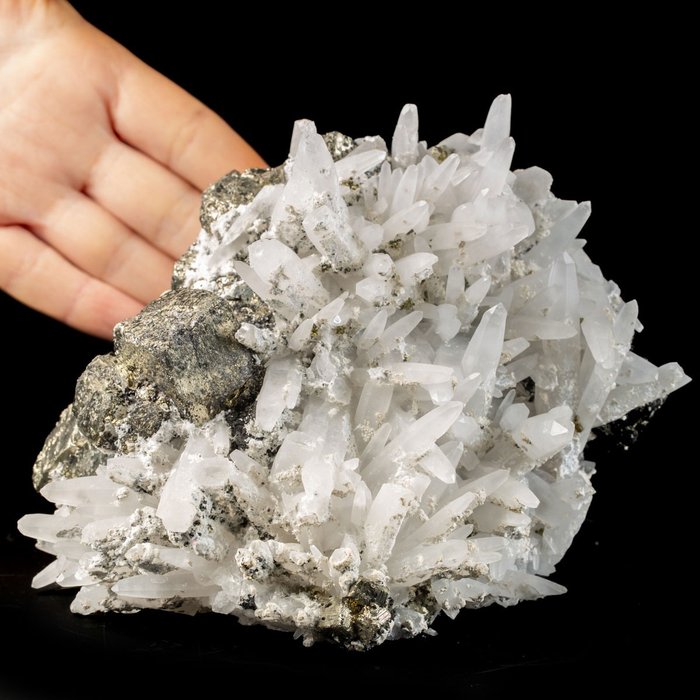 Kwartskristallen op octaëdrische pyrietmonster - Kristallen op matrix - Hoogte: 160 mm - Breedte: 115 mm- 1987 g
