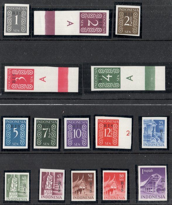 Indonesia 1950 - RIS overprint, complete set of 15 imperforate proofs - Zonnebloem 41D/58D