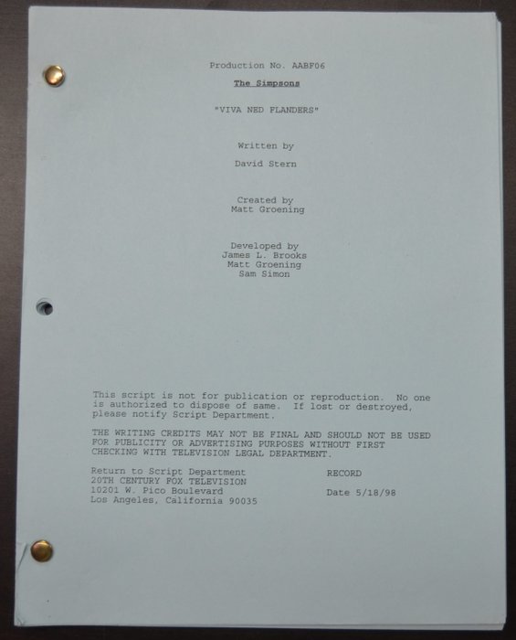 The Simpsons - Original used production script - Episode: 'Viva Ned Flanders' (1999)