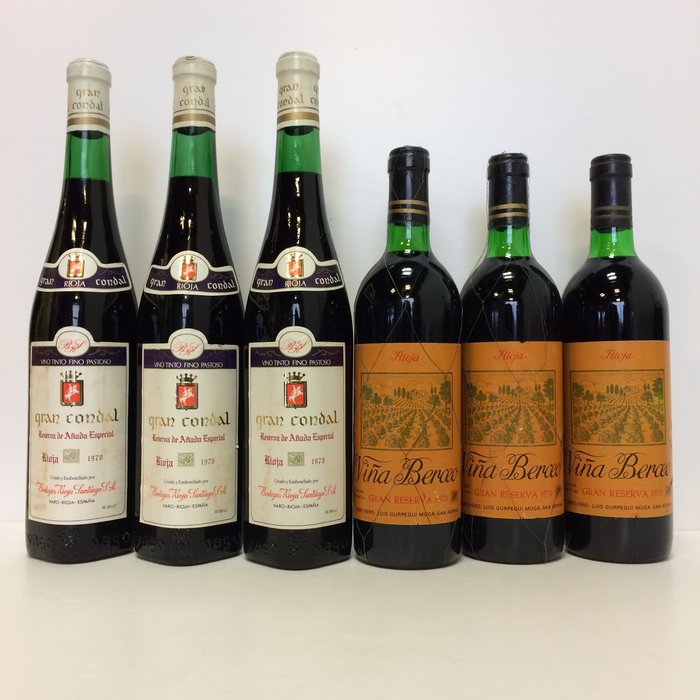 1970 Bodegas Rioja Santiago, Gran Condal, Reserva de Añada Especia x3 & Luis Gurpegui Muga Viña Berceo x3 - Rioja Gran Reserva - 6 Bottiglie (0,75 L)