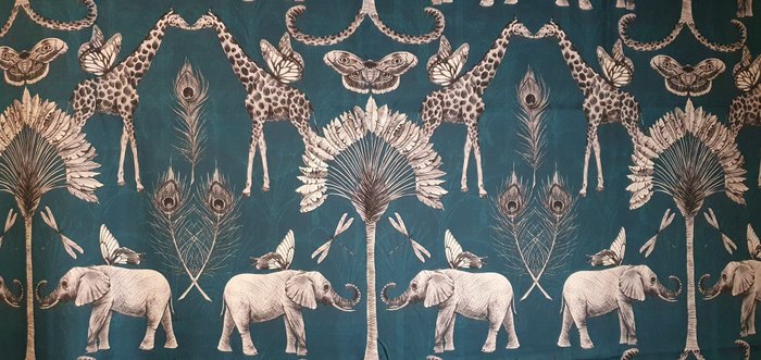 Tela exclusiva Art Déco con elefantes y jirafas - 300x300cm - Efecto seda, verde petróleo - Textil  - 300 cm - 300 cm