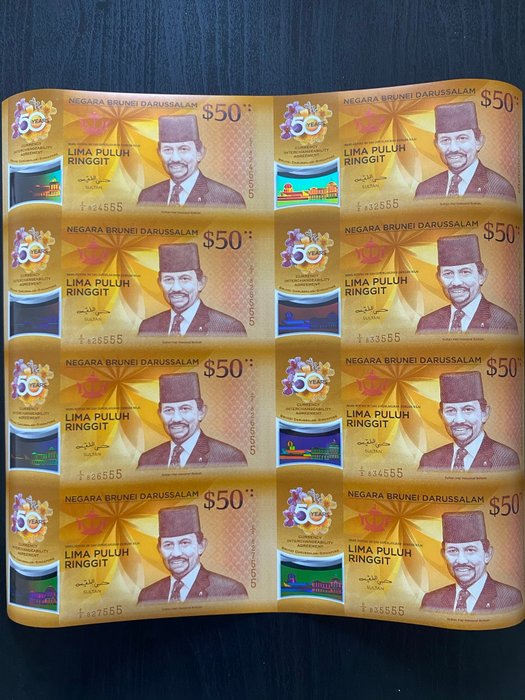 Brunei, Singapore - 8 x 50 Singapore Dollars Singapore-Brunei 50th Year Anniversary - UNCUT SHEET