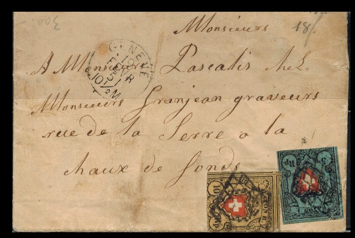Svizzera 1851 - Letter from Geneva to Chaux-de-Fonds franked by 2 Rays